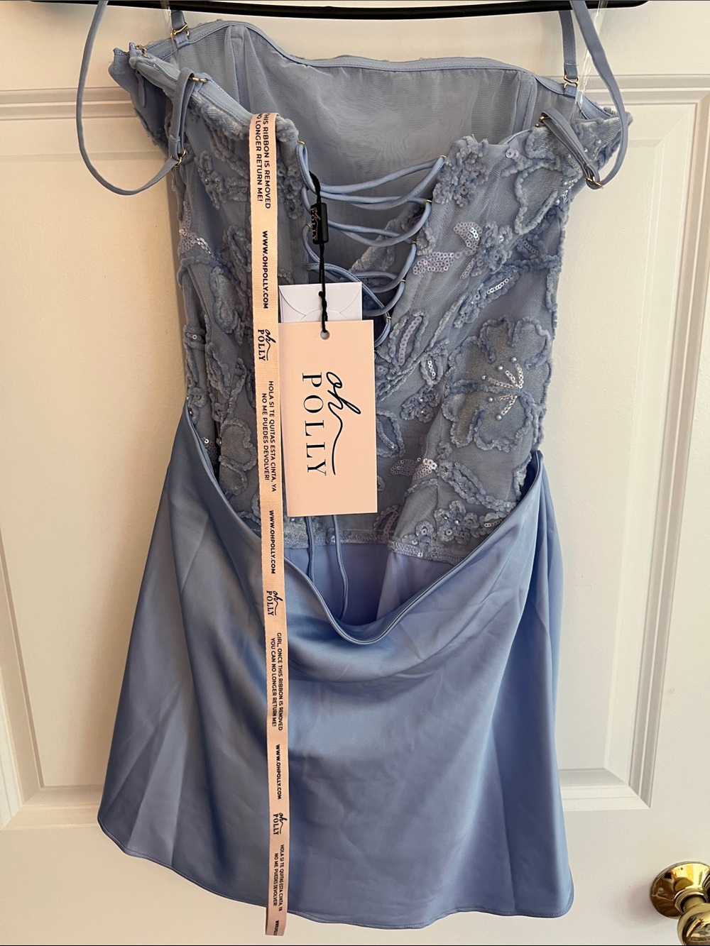 Oh Polly - Eden Embellished Draped Strapless A-Line Mini Dress in Sky Blue - Picture 5 of 6